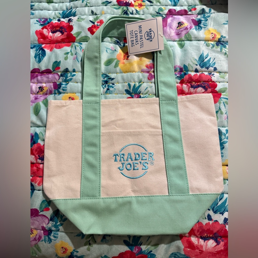 Trader Joe’s mini canvas tote bag Mint Green and Cream